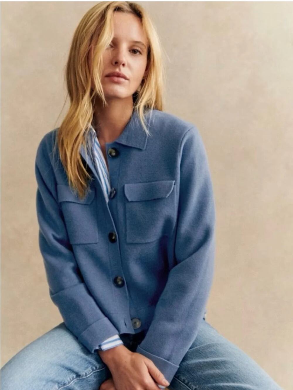 Sezane Betty Merino Wool Cropped Cardigan Washed Blue Knit Pockets Size XXL